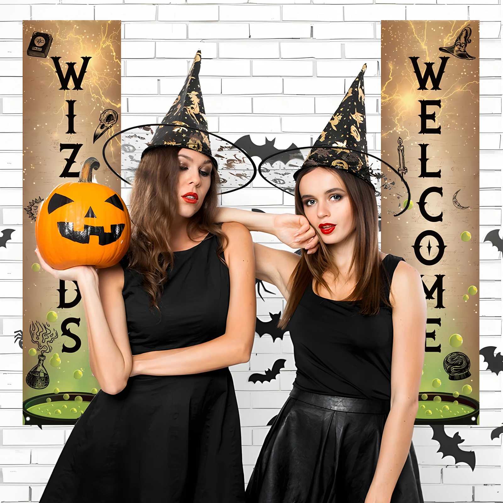 لافتة باب معالجات الترحيب مكونة من قطعتين لافتة شرفة معالج لافتات حفلات سحرية من البوليستر مع مسامير وسلسلة لسهولة التعليق #5