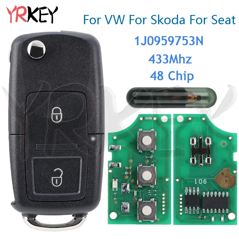 YRKEY Car Flip Key Fob For VW Golf MK4 Beetle For Skoda Octavia Tour For Seat Toledo 1J0959753N HU66 ID48 Chip 433Mhz Remote Key