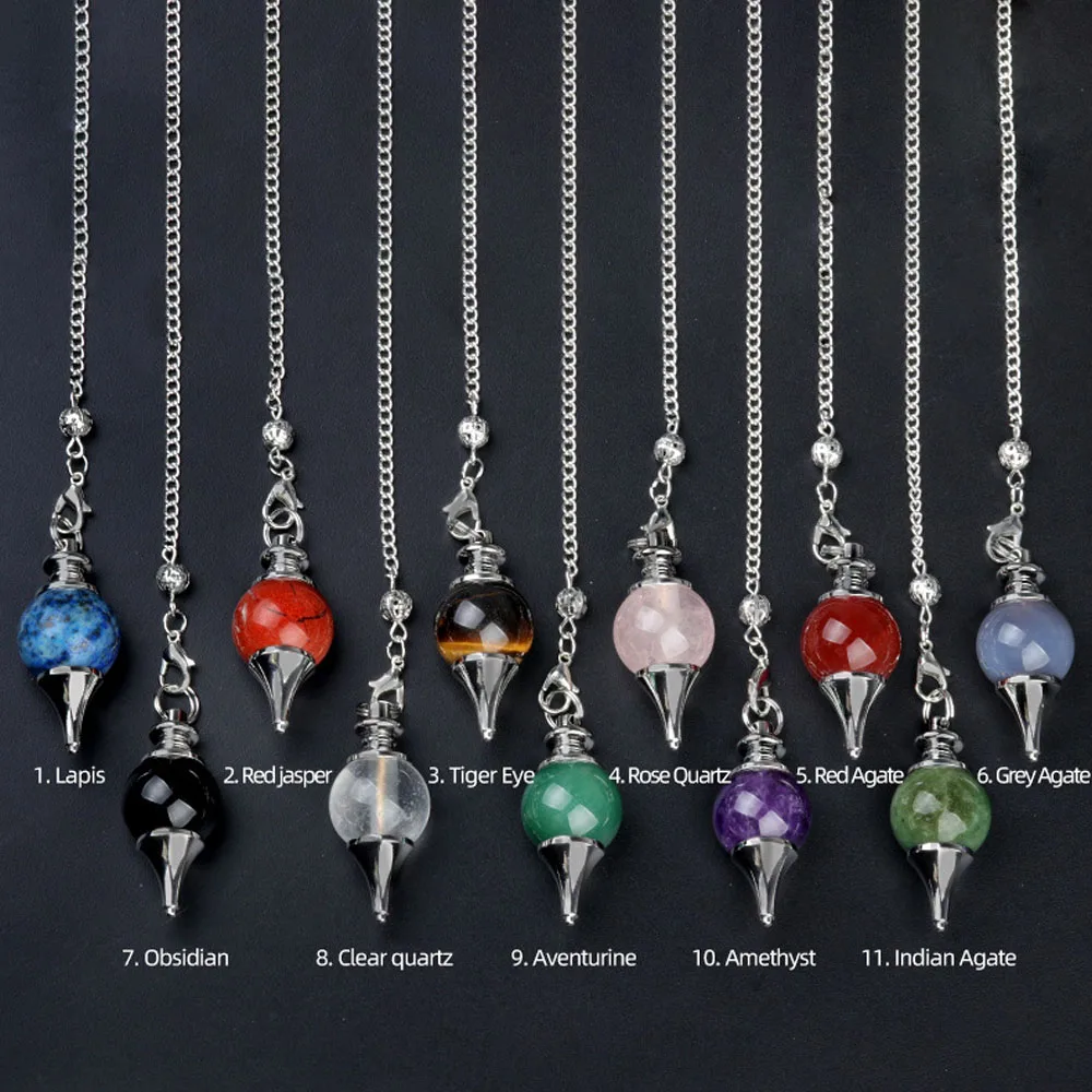 Natural Crystal Agate Gemstone Orb Pendulum Pendant Detachable Spiritual Pendulum Chain Charms for Jewelry Making Accessories