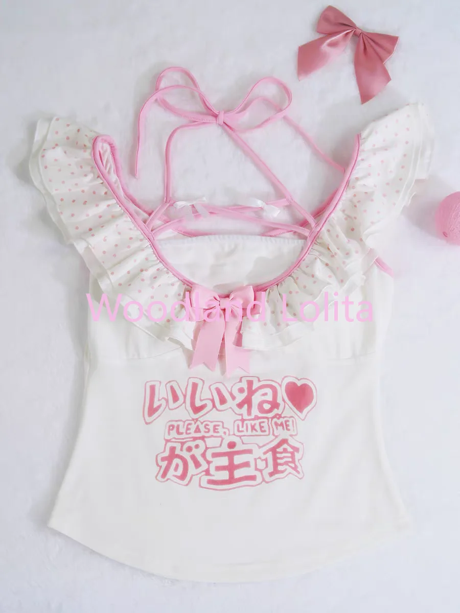 Y2k Women 2 Piece Set Subculture Printed Kawaii Sleeveless T-shirt Cute Bow Lolita Mini Skirt Sexy Slim Young Sense Tees Tops