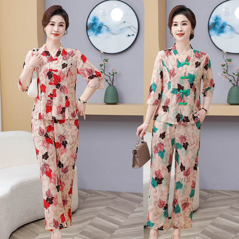 Neue Elegante Pullover Hosen Sommer Anzug Frauen Harajuku Stil Anzug Sommer asiatischen stil Lose V-ausschnitt Druck Top + Hosen Zwei stück