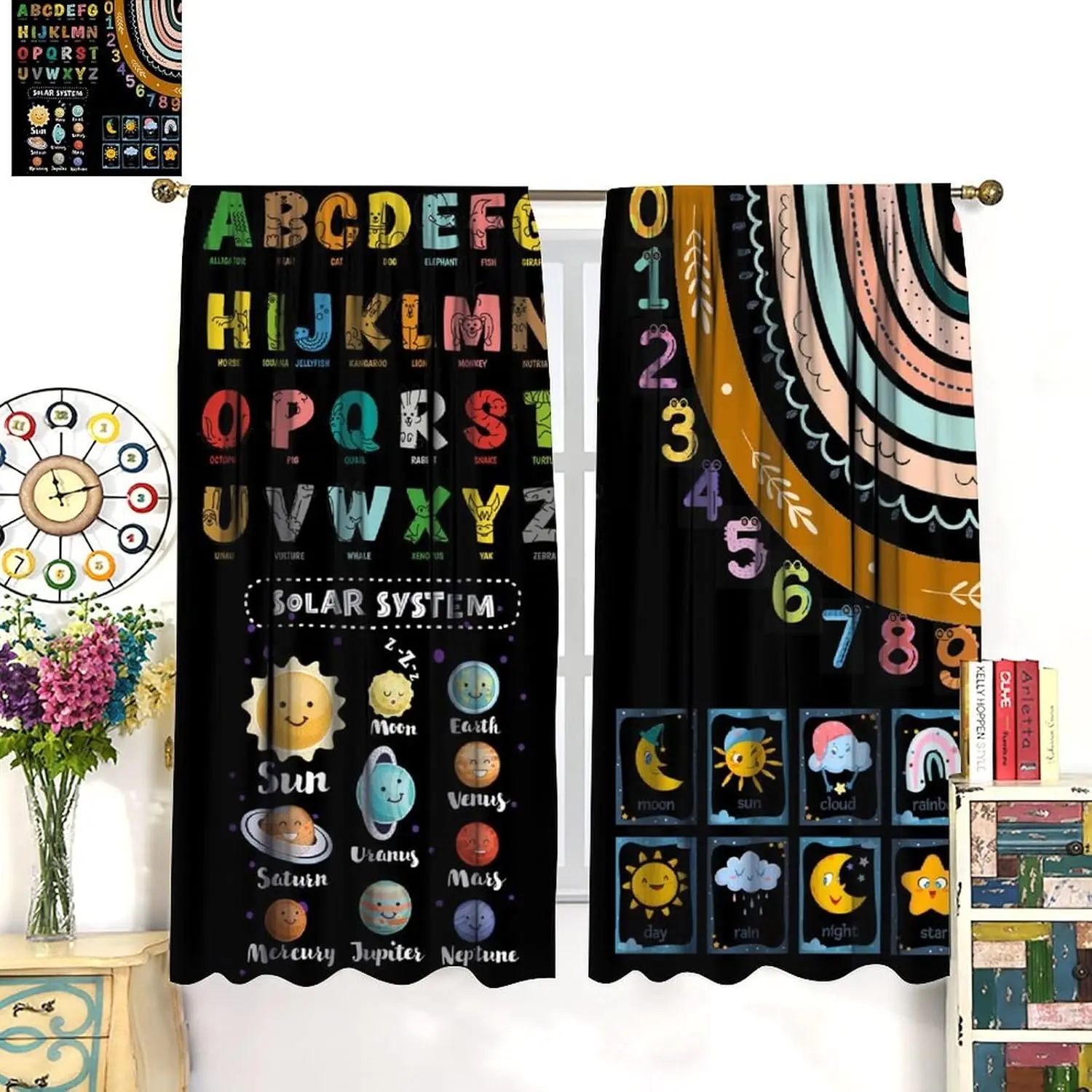 Kids Alphabet Curtains Cartoon Solar System Weather Chart Rainbow Window Treatments for Boys Girls Room Nursery Room Classroom