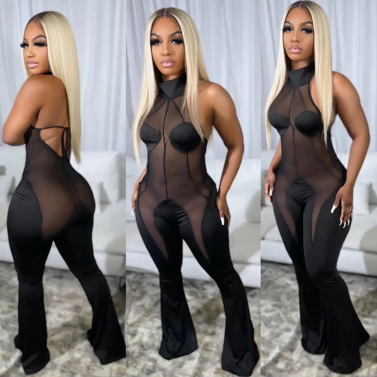 2023 High Quality Women Bandage Jumpsuits Mesh Patchwork Halter Sexy See Through Backless Rompers Nightclub Party  Hollow Out