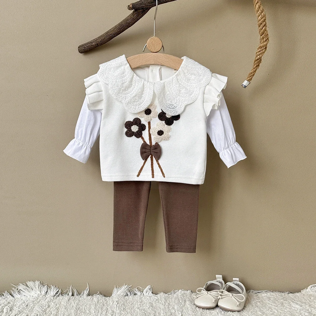 2PCS Spring Autumn New Style For 0-3 Year Old Girls, Comfortable Sweet Cute Sleeves Lace Collar Pullover+Pant