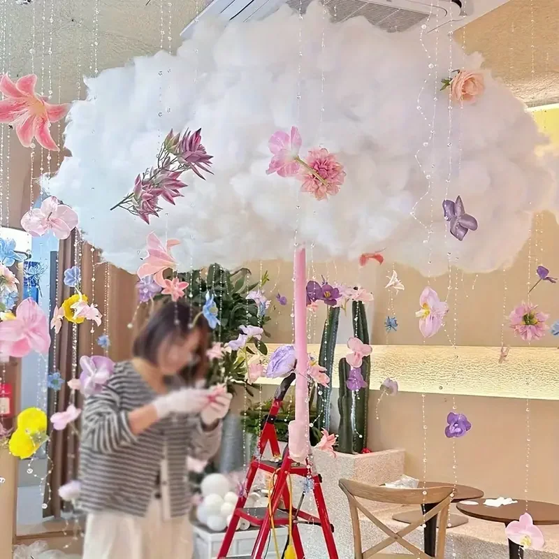 3 قطع من ديكورات السحابة، مشهد سحابي صناعي معلق لحفلات الزفاف، زينة معلقة على سقف غرفة المعيشة وغرفة النوم، خلفية البث المباشر، دعائم ترتيب مشهد السحابة البيضاء، ديكورات معلقة لنافذة عيد الميلاد #3