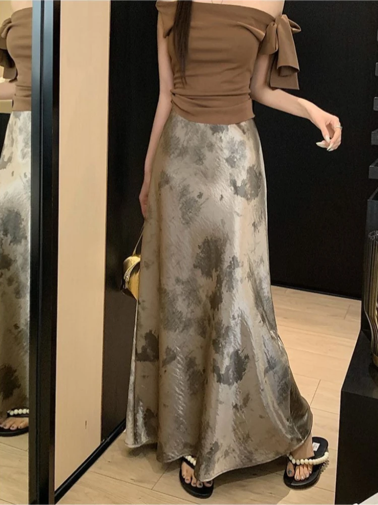 

Новая женская летняя юбка миди из ацетатного атласа с принтом «Русалка», А-силуэт, с завышенной талией, облегающая, в китайском стиле, модная, элегантная