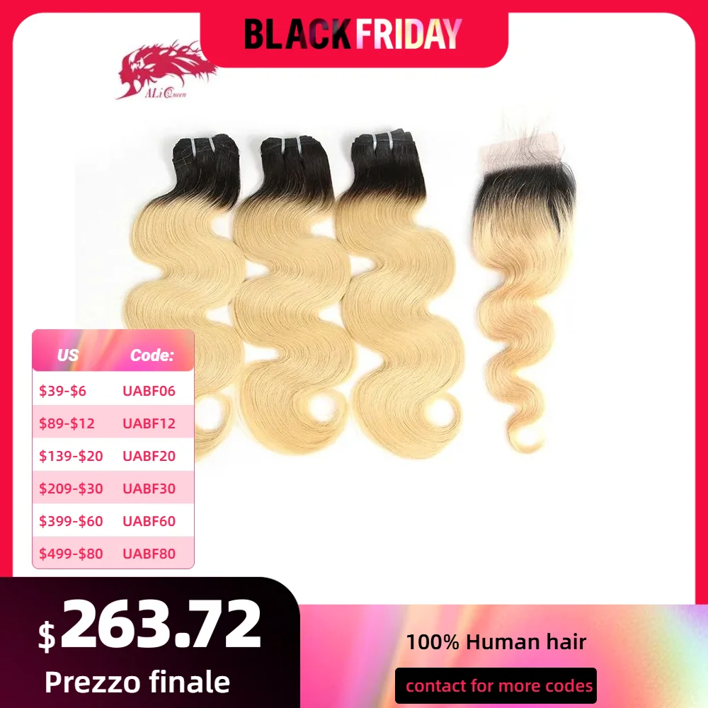 Ali Queen Hair Brazilian Human Raw Virgin Hair Body Wave Hair Bundles With Closure 1B/613 With 4x4 Pre-Plucked Hairline Closure