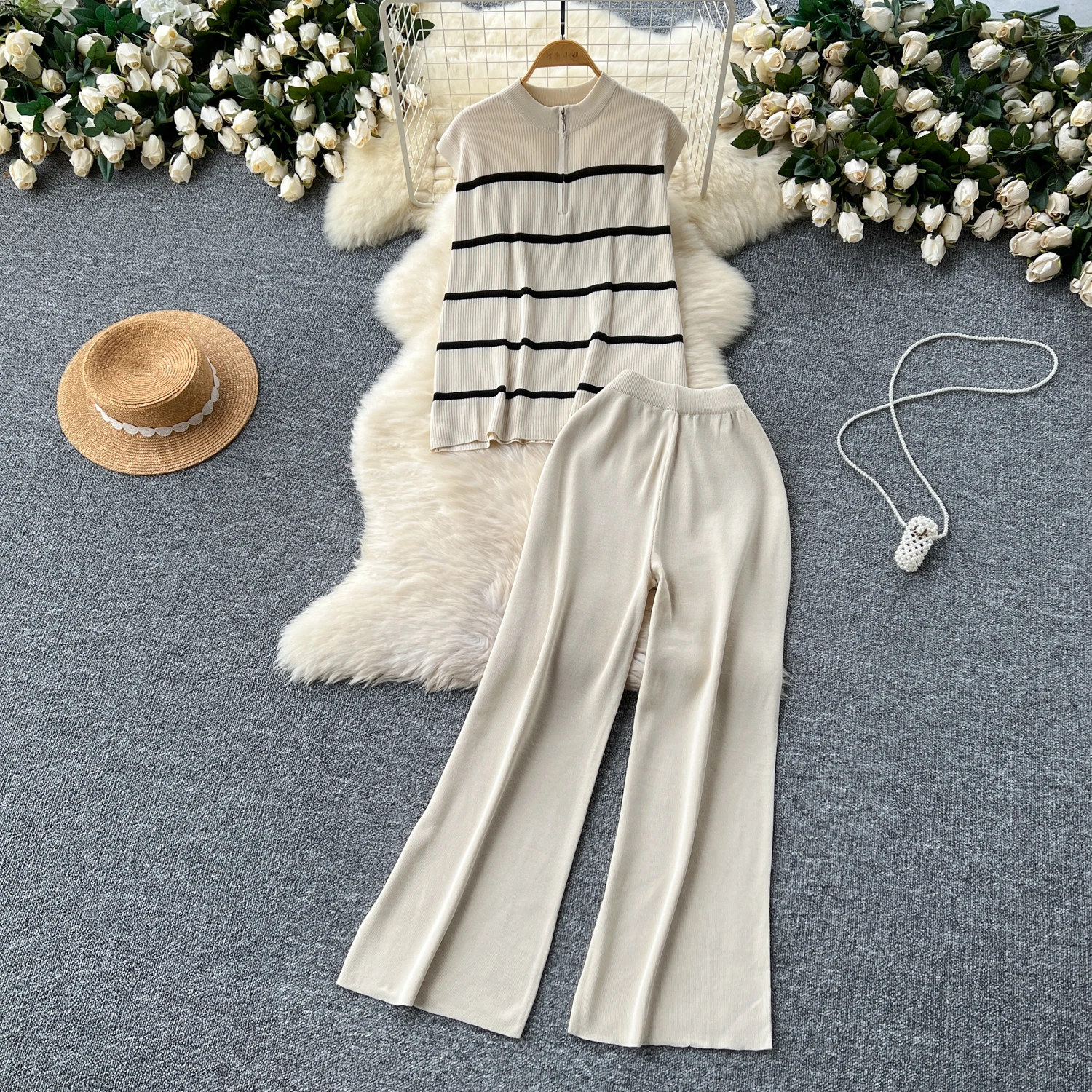 

Summer Autumn Loose Two Piece Pants Set Standing Neck Zipper Striped Knit Top+High Waisted Wide Leg Pants Casual Two Piece Set