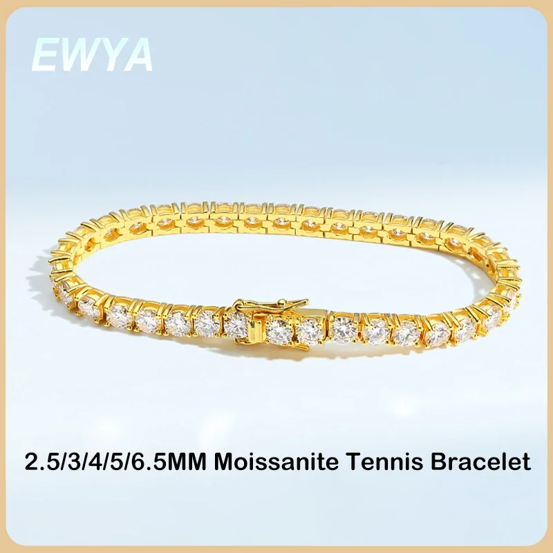 EWYA Real 2.5/3/4/5/6.5MM Full Moissanite Tennis Bracelet for Women Men S925 Silver Plated 18K Yellow Gold Diamond Bracelets