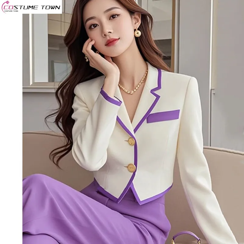 Autumn fashion high-end small fragrance style purple and white contrasting suit professional suit two-piece set