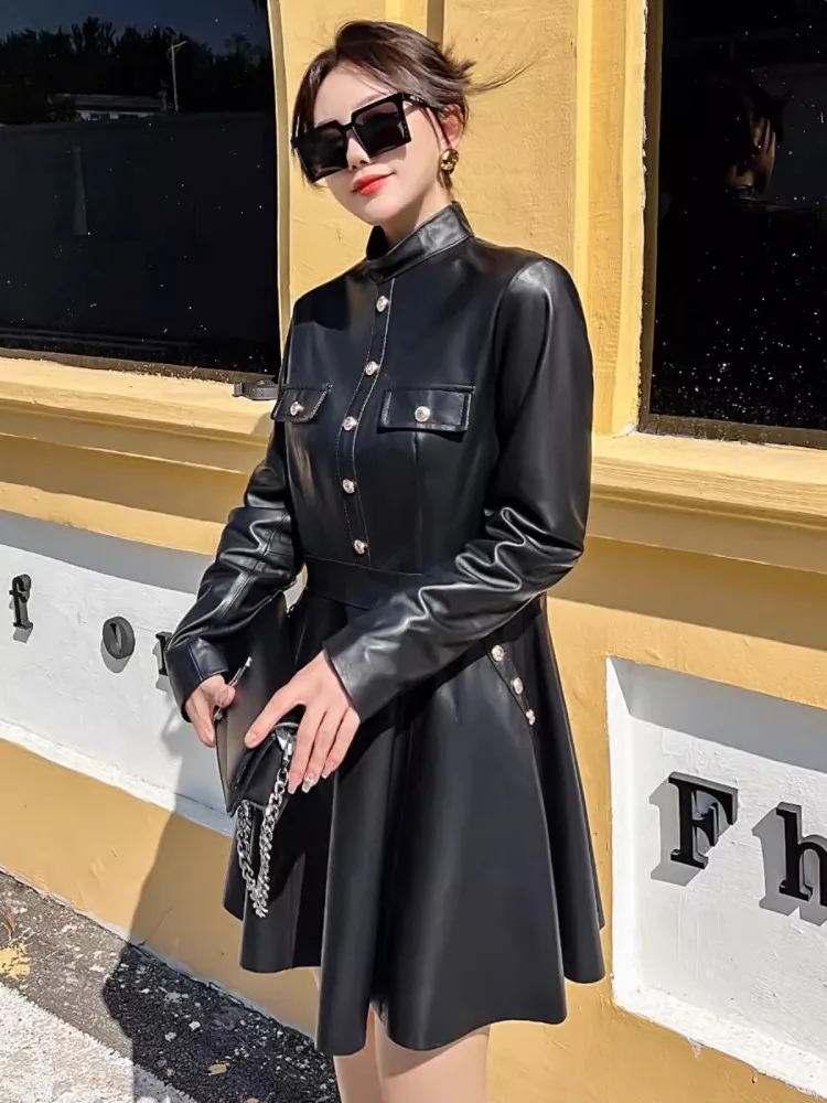 Spring New Women Long Sleeve Stand Collar Sheepskin Genuine Leather Dress Punk Style Ladies Slim Waist A Line Ladies Mini Dress