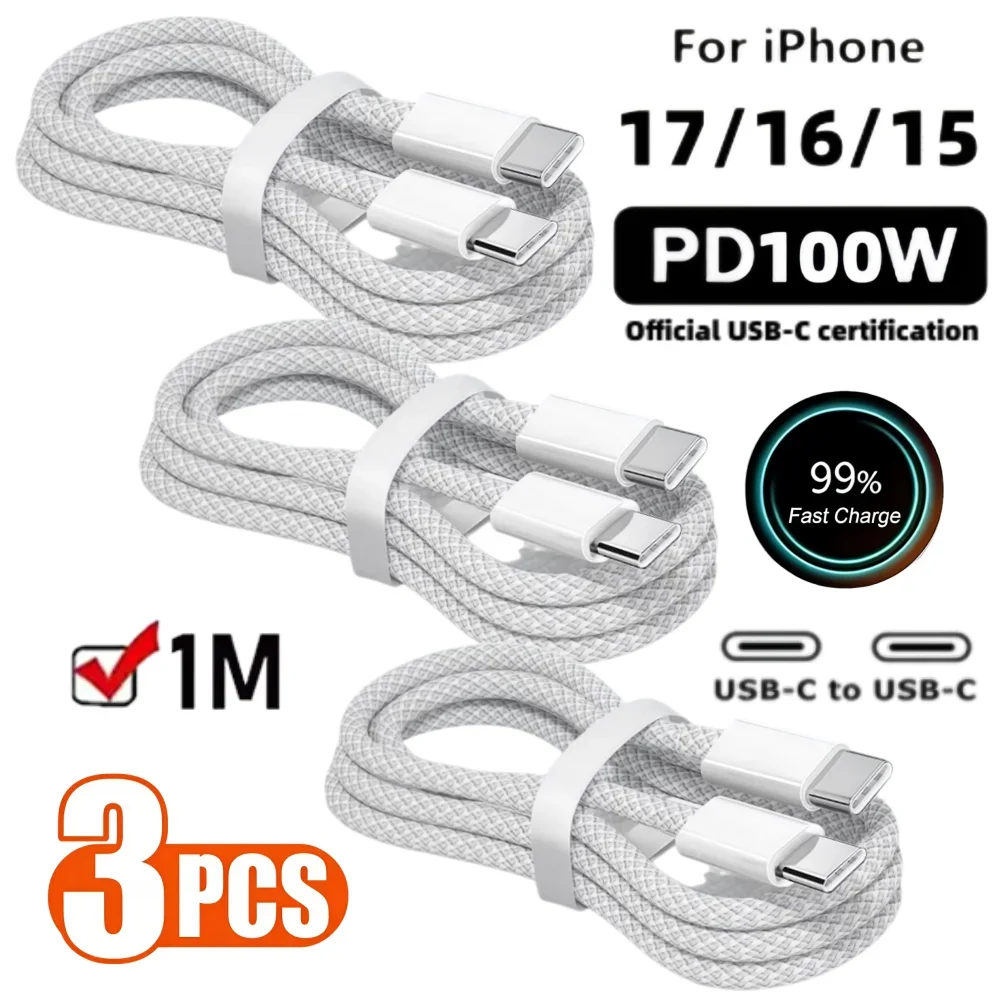 3PCS USB C To USB C 100W Super Fast Charging Cables PD Quick Charge Cord for IPhone 16 15 Plus Pro Max Samsung Xiaomi Huawei