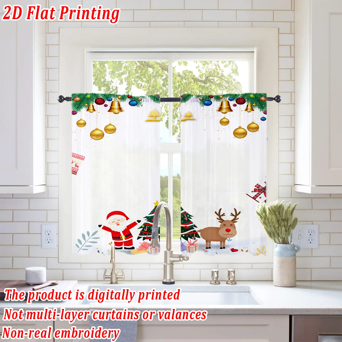 Christmas Flat Printing Kitchen Sheer Curtain with Merry Christmas Party Flags Gingerbread Man For Christmas Home Decor  Party
