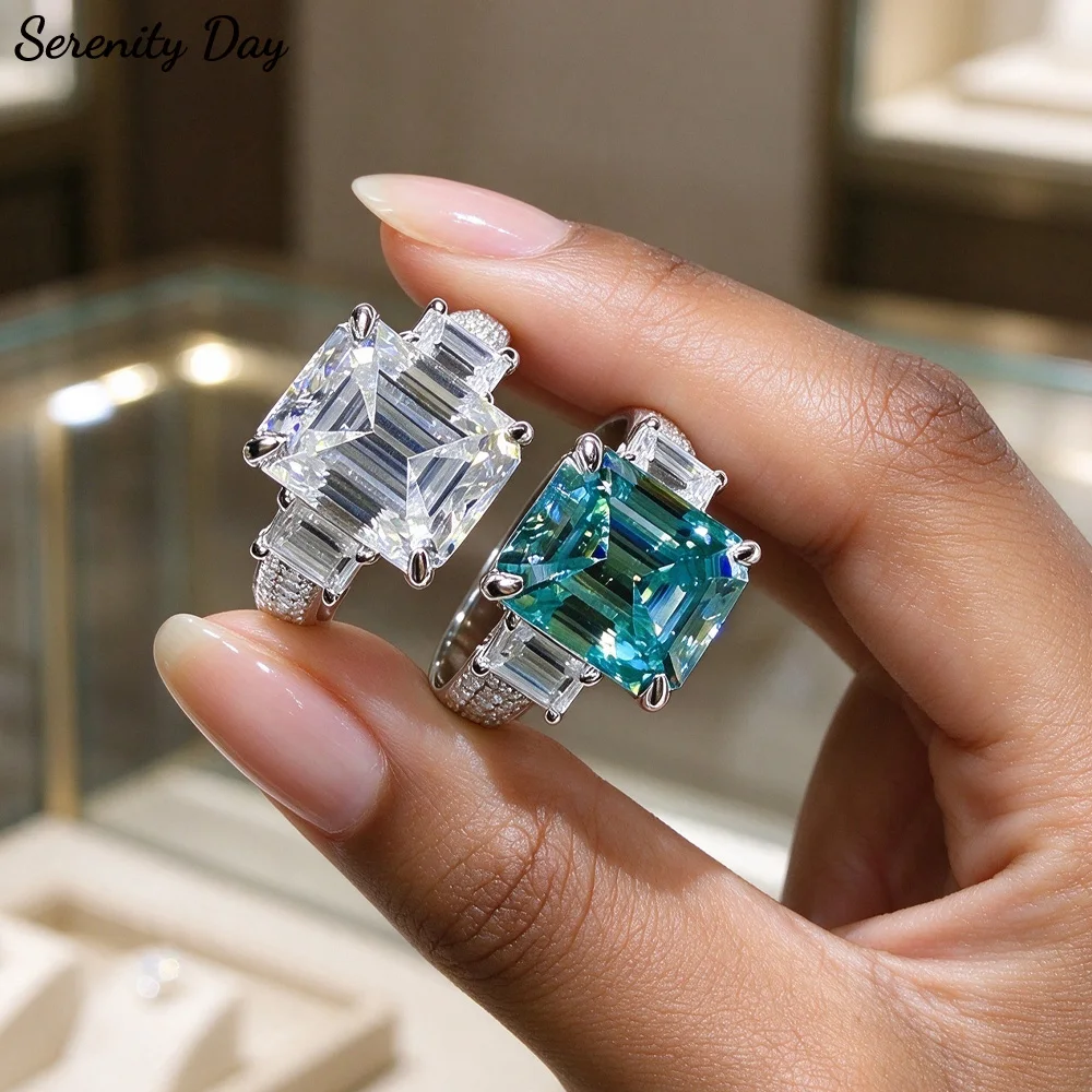 Serenity 5ct Blue Green Emerald Cut Moissanite Rings for Women Gift Lab Diamond Wedding Rings S925 Sterling Silver Bands Jewelry