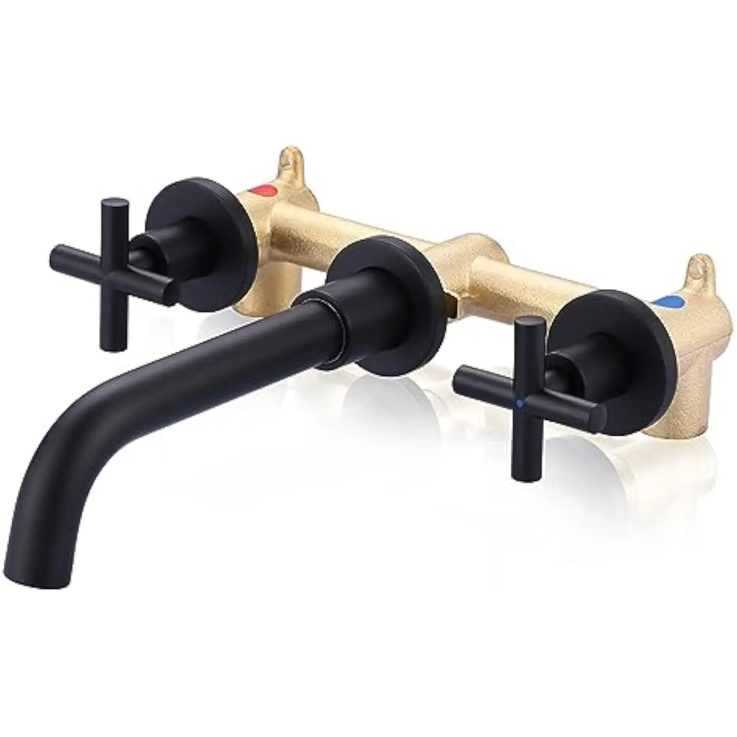 Grifo de baño negro mate, grifo de baño de montaje en pared de 2 manijas y válvula rugosa incluida, grifo de lavabo de recipiente montado en la pared