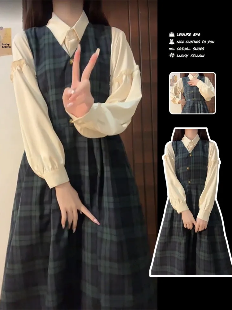 Dulce estilo japonés College Wind Blouse Dr Mujer Otoño Invierno Nuevo Conjunto de tamaño pequeño combinado Moda Cintura a...
