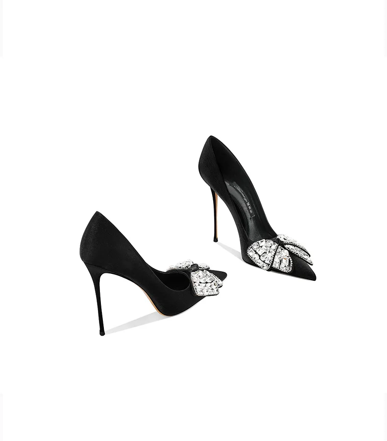 

Черные туфли на шпильке с острым носком и бантом, 2025 г., популярные женские туфли на высоком каблуке