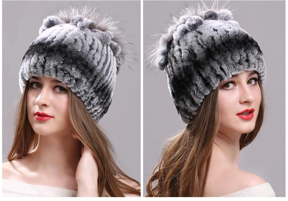 Strickmütze für Damen, 100 % echte Rex-Kaninchenfellmütze mit Blumen, Oberteile, warme, hochwertige Beanie-Damenmütze aus echtem Pelz für den Winter – Detail 22