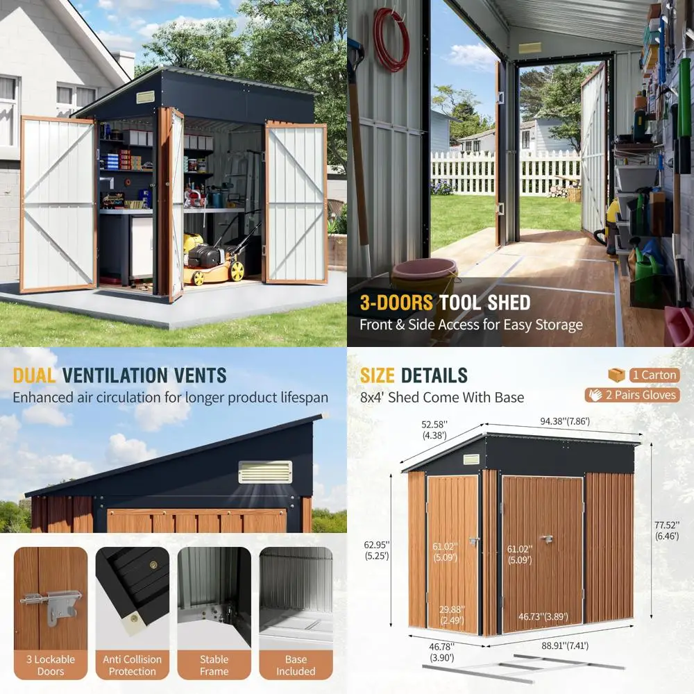 

Сарай для хранения на открытом воздухе 8x4 футов, металлический садовый сарай с пол, тройные запираемые двери и вентиляционные отверстия, многофункциональный сарай для заднего двора, патио, La