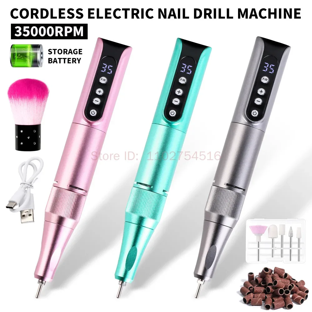 

35000RPM Wireless Rechargeable Cordless Electric Nail File for Acrylic Gel Nails Machine with LED Display Nail Manicure Set