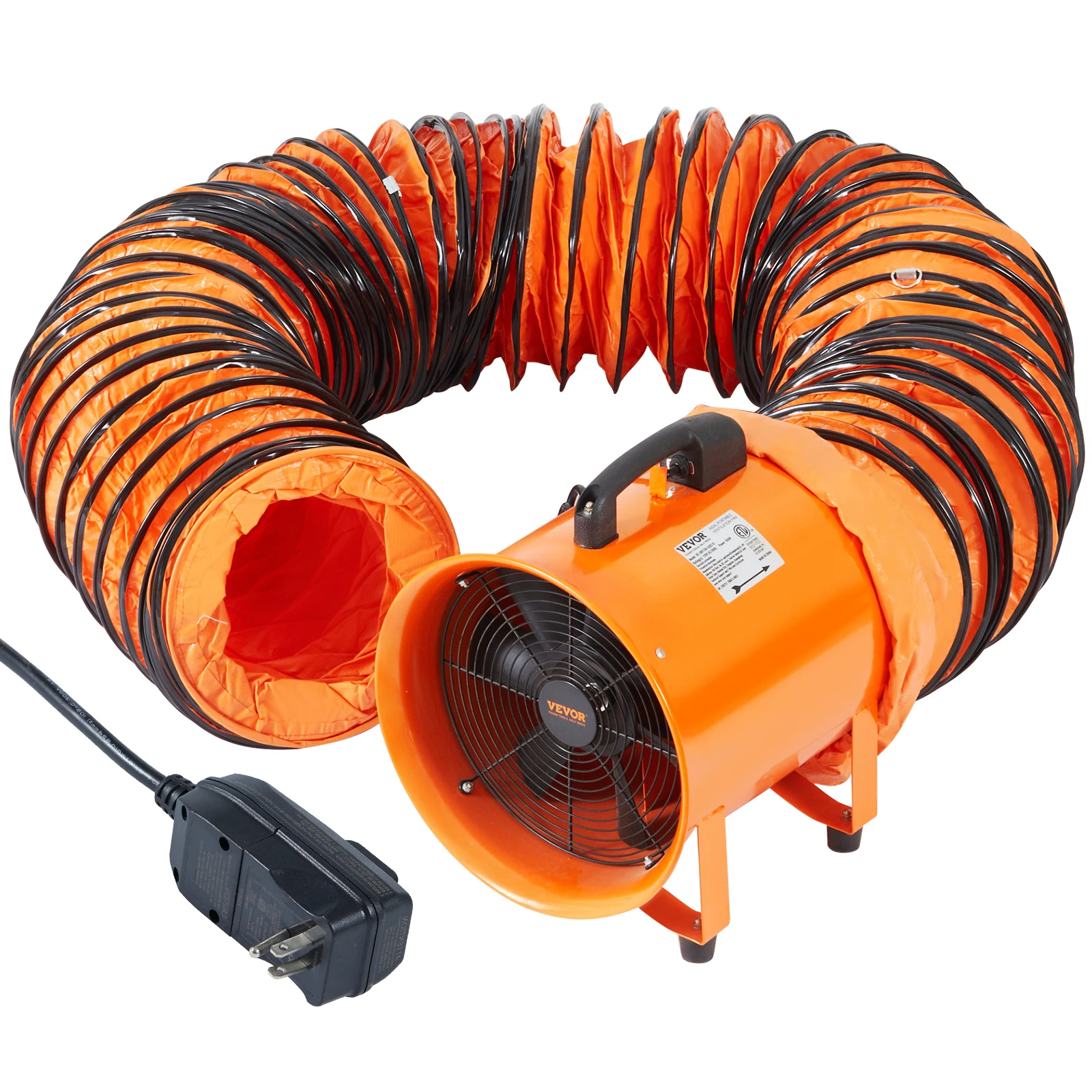 VEVOR Portable Ventilator 254mm Cylinder Fan with 10m Duct Hose, 300W Strong Shop Exhaust Blower  for Sucking Dust Smoke