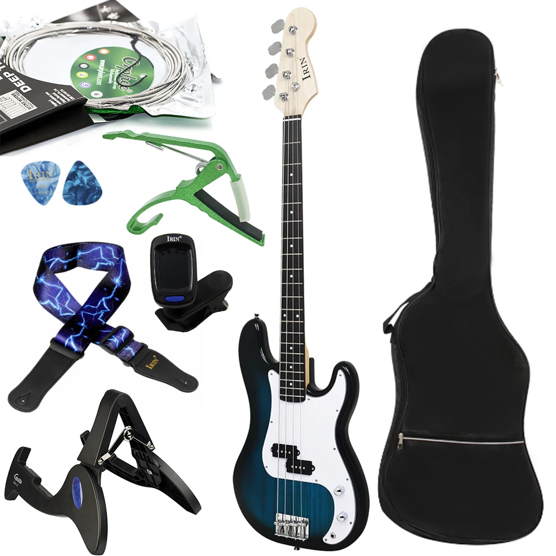 

Turn Blue 4 String Electric Bass 20 Frets Basswood Body Bass Guitar with Tuner Strings Capo Stand Strap Accessories