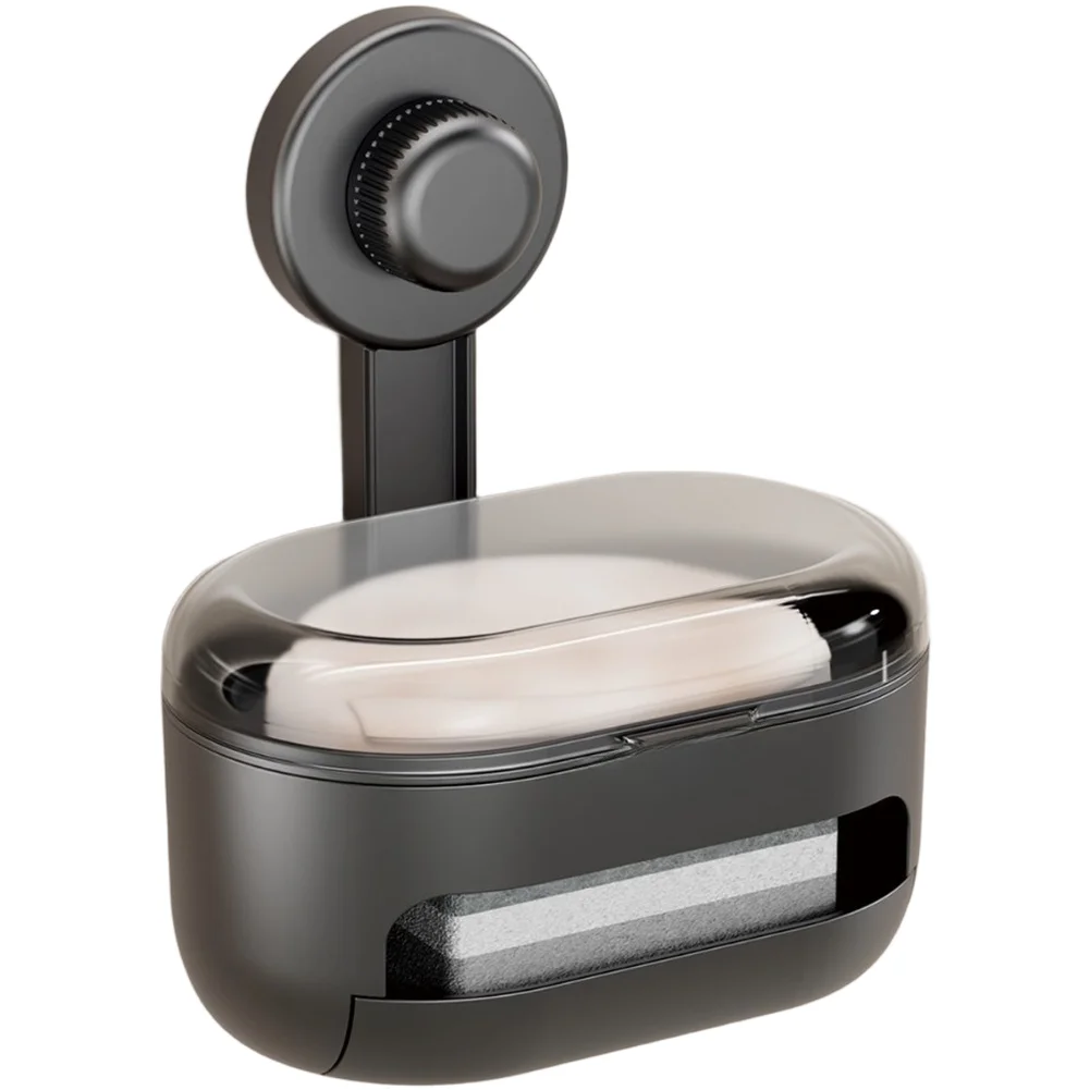 Wall Mounted Soap Box With Strong Suction And Dustproof Lid Multifunctional Shower Soap Holder With Drainage And Sponge Tray