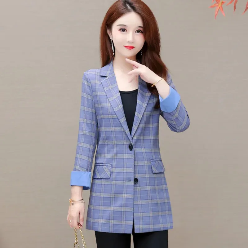 

New Womens Plaid Suit Jacket Spring Vintage Nine-point Sleeved Base Coat Loose Female Yellow Plaid Blue Plaid Casua Suit Blazer