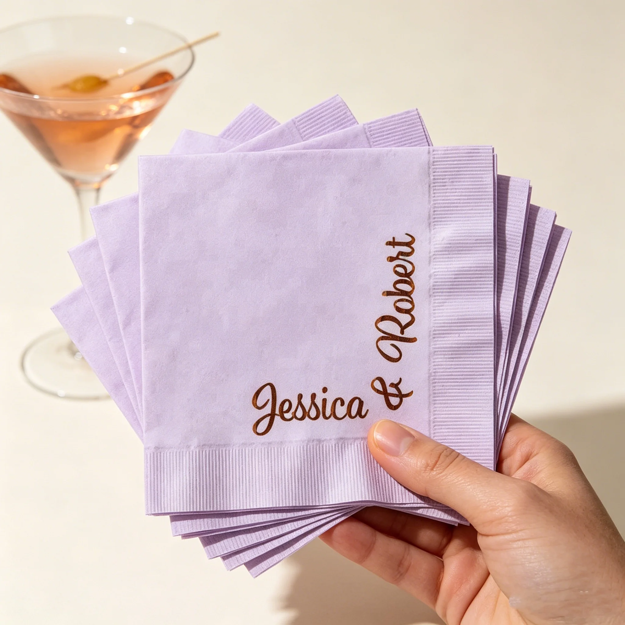 

50pcs Custom Couple Names Wedding Cocktail Napkins, Personalized Names Gold/Rose Gold Foil Beverage Napkins, Bulk White Disposab