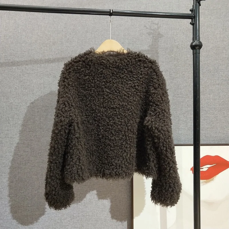 Short Lamb Fur Round-Neck Shearling Coat Full-Wool for Women Warm Autumn/Winter Jacket JT544