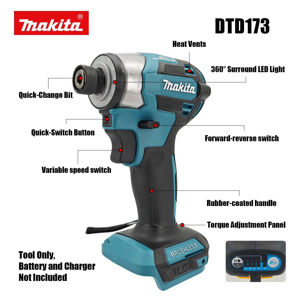 Destornillador Eléctrico Multicolor Makita 18V DTD173 Sin Escobillas, 180Nm, Modo T, para Bricolaje y Mejoras del Hogar