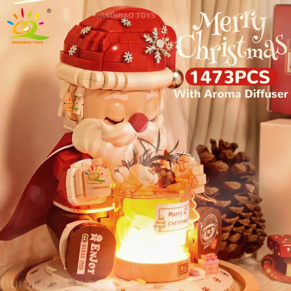 HUIQIBAO Christmas Santa Claus Aromatherapy Light Building Blocks City Xmas Desk Decoration Bricks Set Toys for Girl Gift