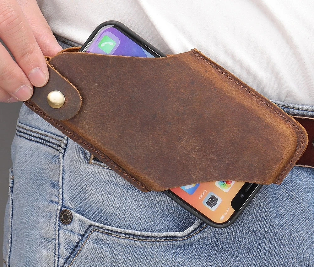 Étui de téléphone vintage en cuir - Étui rigide durable en cuir de vachette avec clip ceinture, Holster rétro utilitaire pour iPhone et outils
