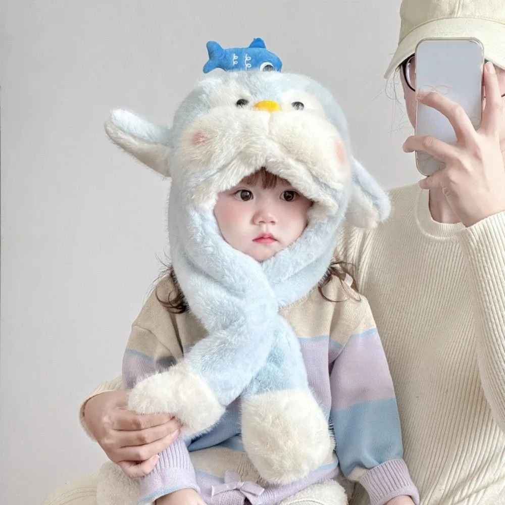 

Fluffy Ear Protection Cap Fleece Lined Solid Color Children Pullover Cap Thickened Warm Cartoon Penguin Hat Outdoor Sport