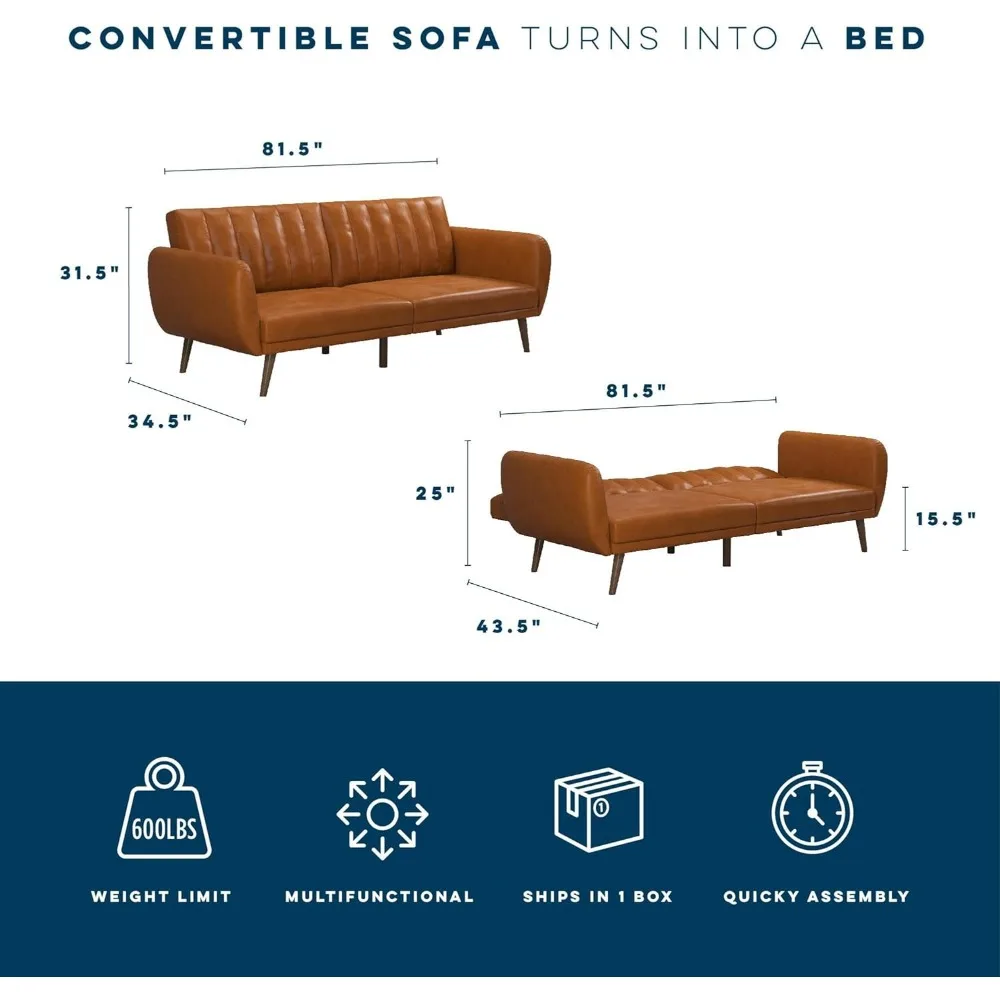 Sofá-cama futon Brittany e sofá-cama, limite de peso em couro sintético camelo 600 libras Dimensões do produto 81,5D x 34,5L x 31,5H