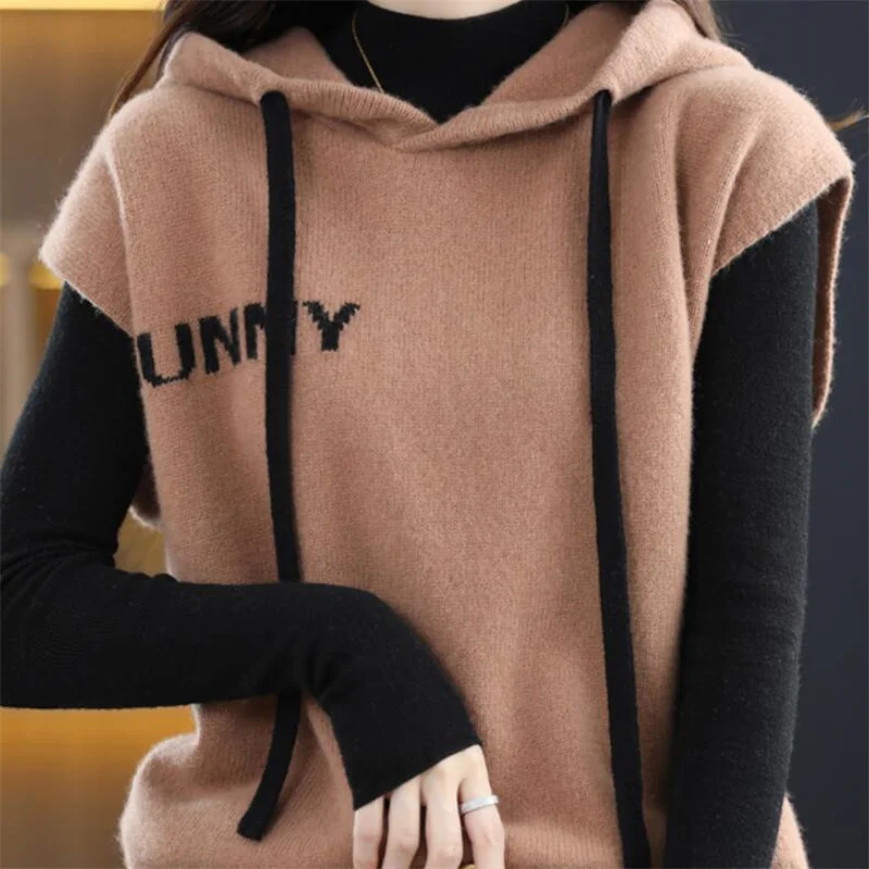 Hooded Sweater Knittingt Vest Women Vintage Casual Tops Loose Pullover Jumper Solid Waistcoat Spring Autumn Korean Y2k Clothing