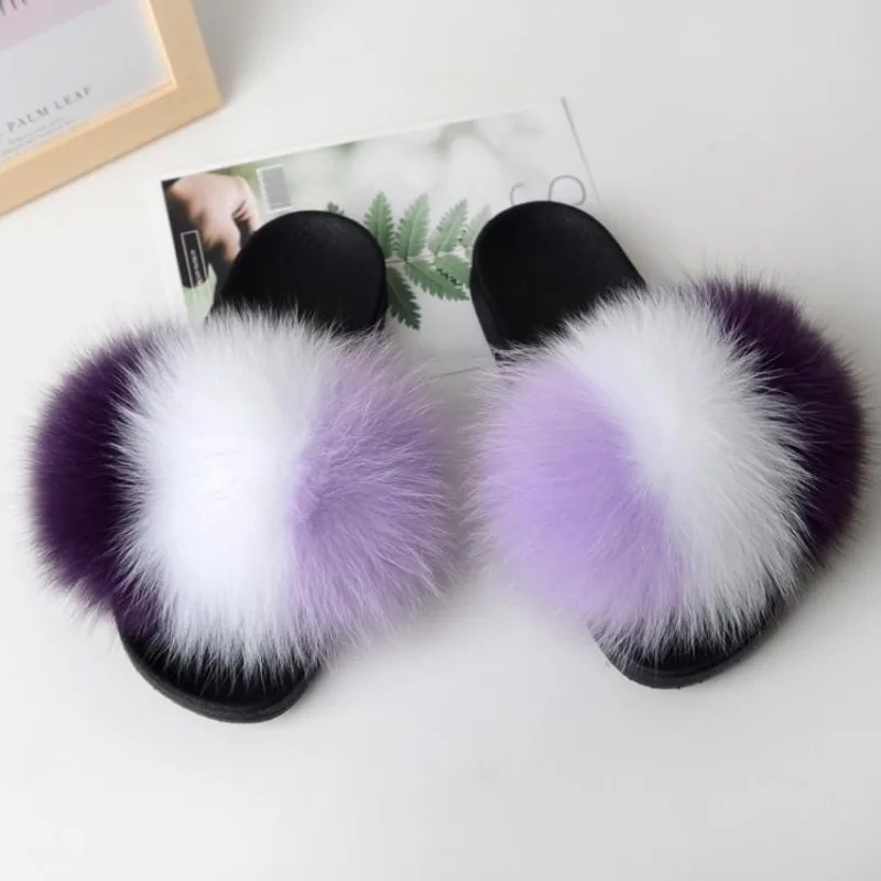 Real Fox Fur Slippers Women Fluffy Slippers With Fur Fashion Beach Shoes Plus Size Shoes Natural Fur Slippers Woman Home Slipper