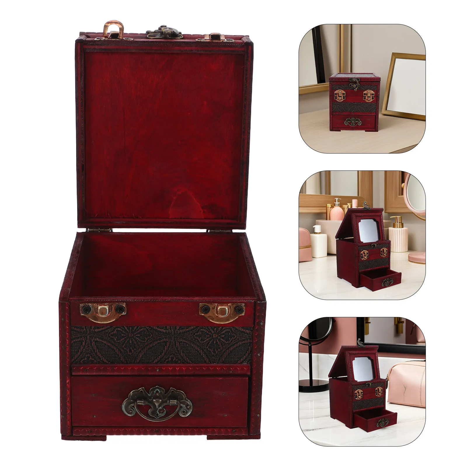 Vintage Wooden Jewelry Box 3-Layers Retro Organizer Mirror Drawer Rings Necklaces Earrings Decorative Treasure Chest Jewelry