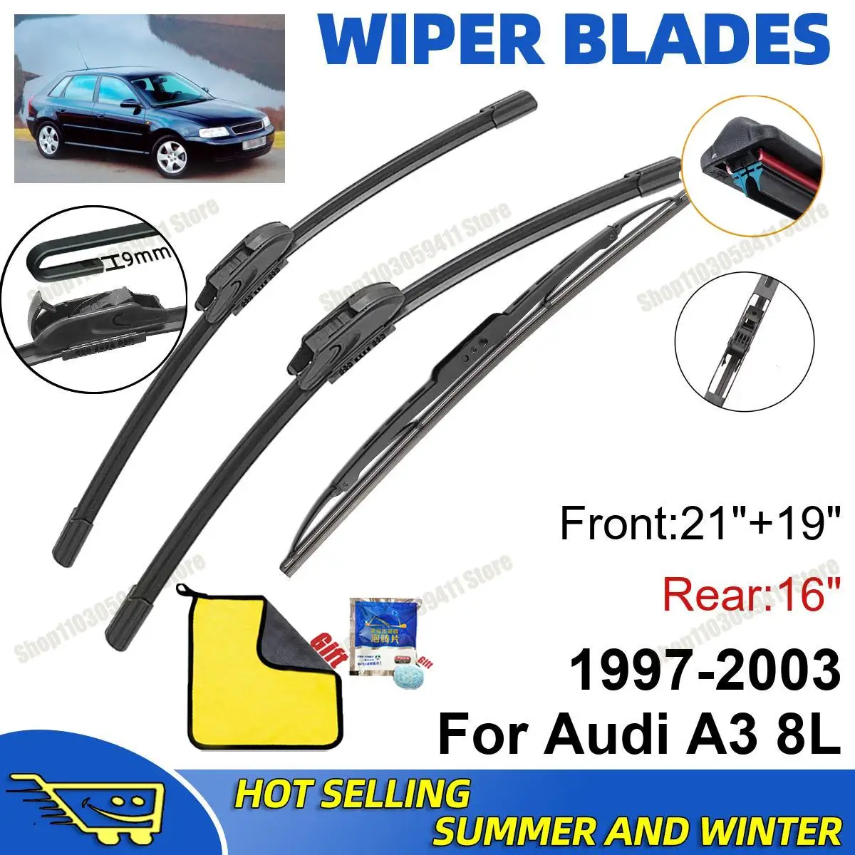 

3PCS For Audi A3 8L 1997-2003 21" + 19"+ 16" Front Rear Wiper Blades Set Windshield Windscreen Car Accessories