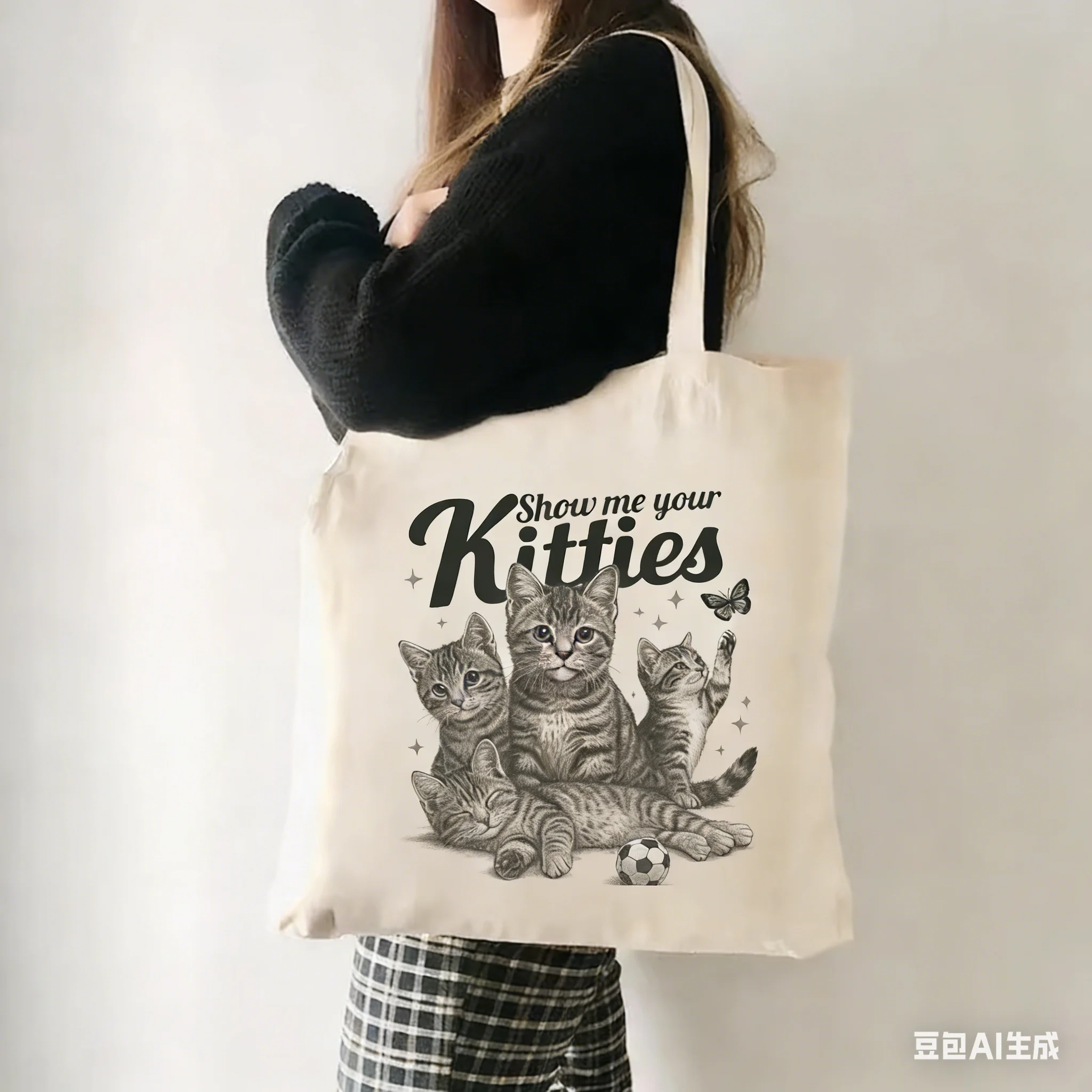

Cartoon Animals Cat Large Capacity Tote Bag Kawaii Chic Butterfly Canvas Shoulder Handbag for Women Portable Grocery Bag