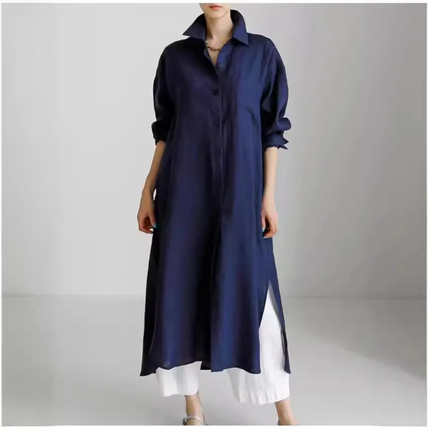

Linen Comfortable Long-sleeved Button Shirt Dress Loose Irregular Bottoming Lapel Fashion Casual Shirt Collar Long Dress