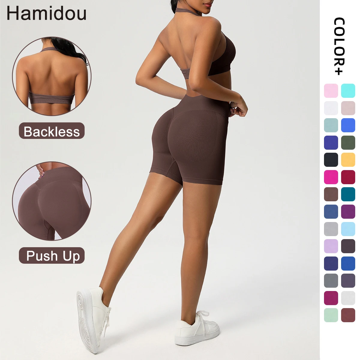 

Hamidou Seamless Woman Yoga Set Summer Gym Workout Hip Push Up Yoga Shorts Sexy Backless Hanging Neck Bra Customizable Logo
