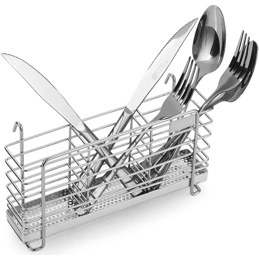 

Sturdy 304 Stainless Steel Utensil Drying Rack Basket Holder with Hooks 3 Divided Compartments Rust Proof No Drilling