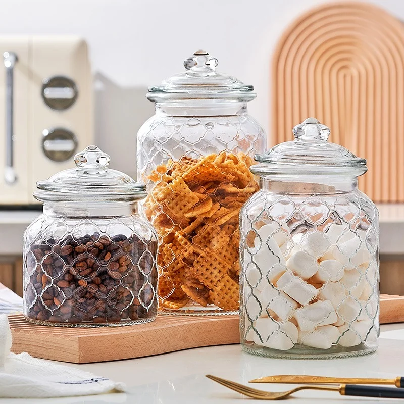 Creative Food Grade Glass Storage Jar Carved Candy Jar Fruit Pickle Jar with Lid Transparent Airtight Jar Glass Container Decor