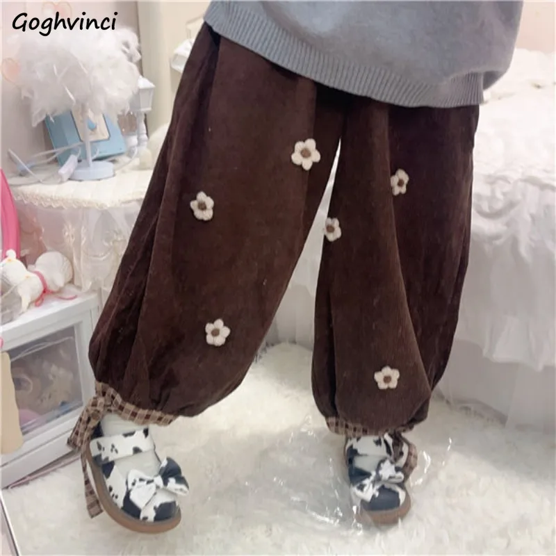 

Corduroy Pants Women Bloomers Floral Ankle Length High Elastic Waist Loose Students Preppy Lovely Sweet Autumn Winter Causal