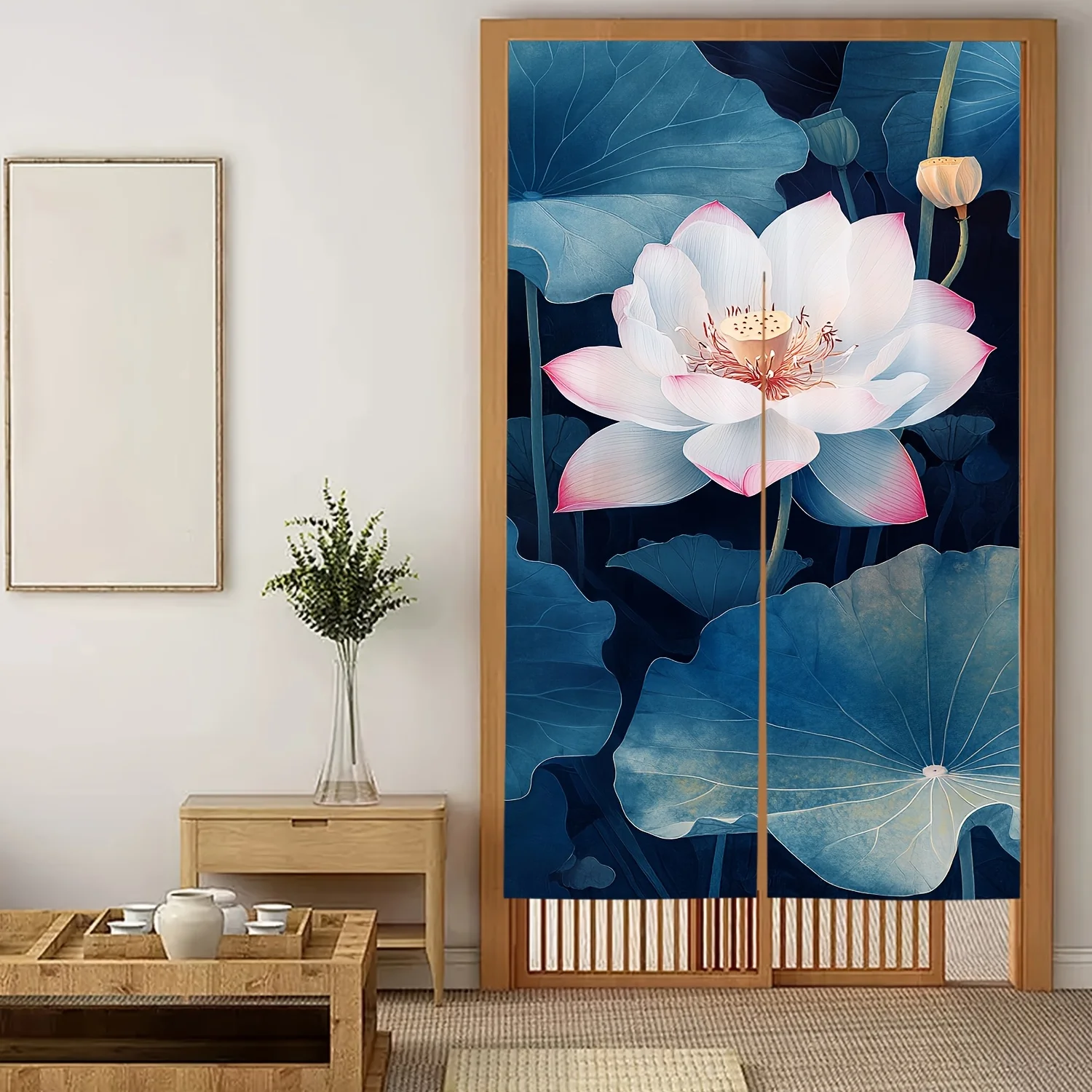 

Elegant Japanese-Style for Lotus Pattern Door Curtain, Satin Finish Art Deco Design, White for Lotus with Pink & Blue Leaves