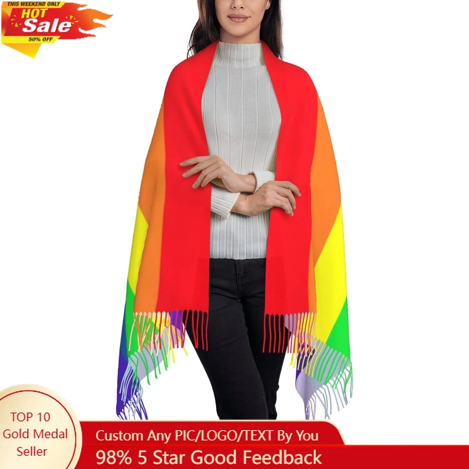 

Gay Pride LGBT Rainbow flag Scarf Long Shawl Wraps Pashmina for Women Girls with Tassels Soft Warm Cozy