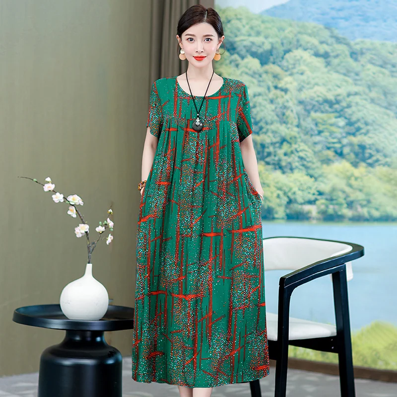 

Summer Vintage Print Long Dress for Women 2023 New Casual Middle Age Women's Elegant Loose Dresses Summer Korean Clothing