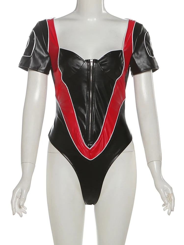 Raar Poes Patchwork Hipster 2 Stuk Vrouwen Kunstleer Lange Handschoenen + Lage Hals Zip Skinny Body Sexy Muziek festival Streetwear