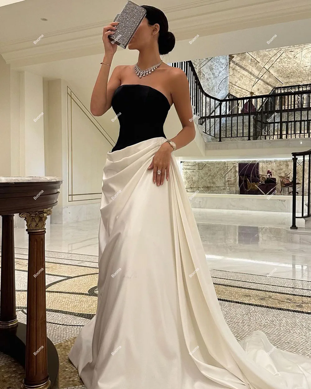 Booma Black and White Evening Dresses Strapless Pleat Formal Party Gowns Celebration Dress for Women Dubai Prom Gowns with Train